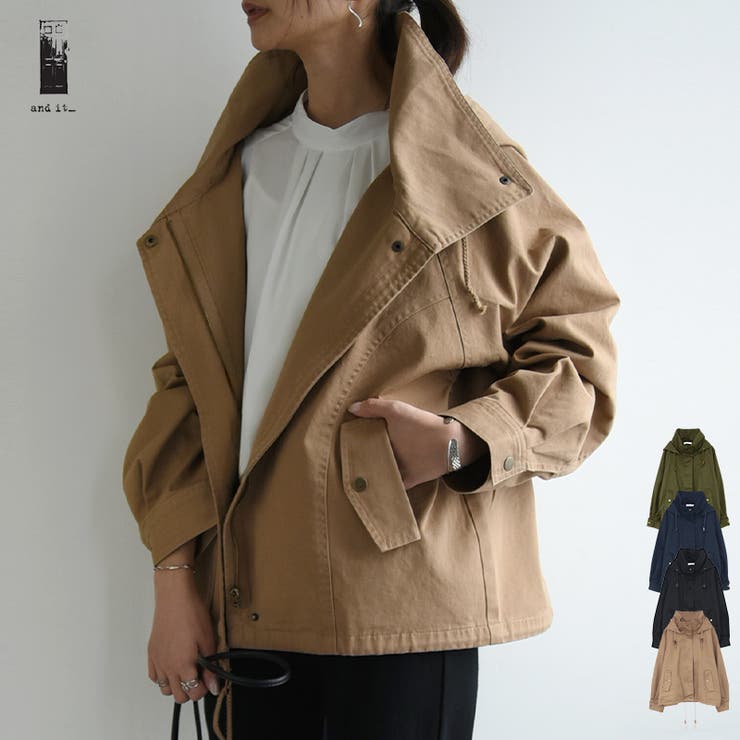 and it スタンドカラードルマンモッズジャケット レディース 春 秋 アウター 大人カジュアルモッズコート カジュアル コットン ミリタリージャケット マウンテンパーカー ドルマンスリーブ ワイド カーキ綿100％ アウター(コート・ジャケットのサムネイル
