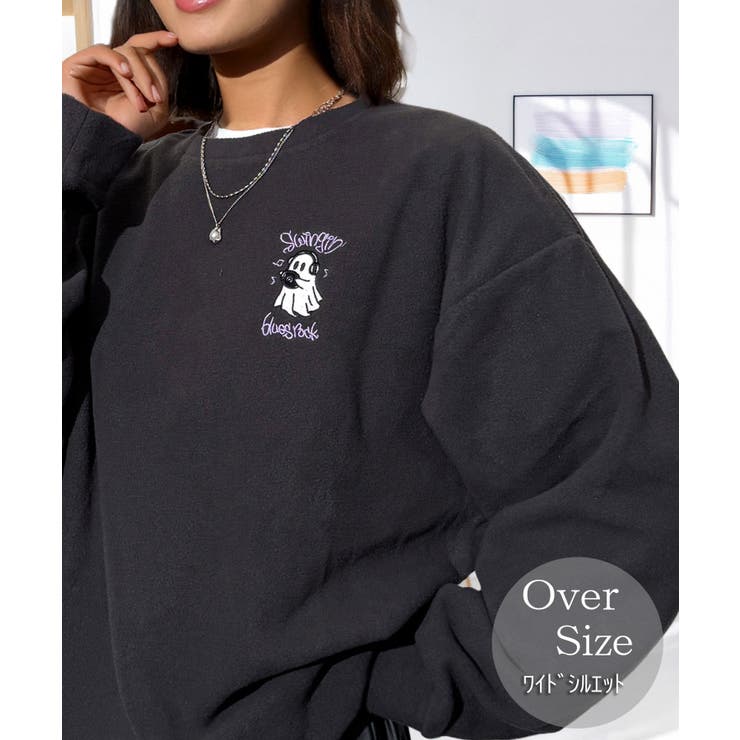 GROOVY STORE ワイド フリース 刺繍 トレーナー 裏起毛 ゴースト オバケ トップス