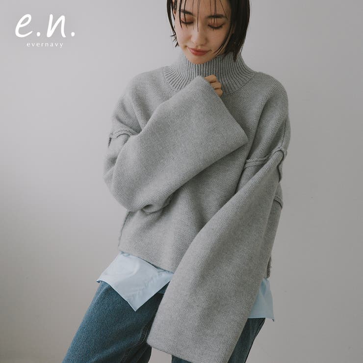 andme evernavy エバーネイビー ゴマジャガード編み ハイネック ニットトップス レディース トップス ..