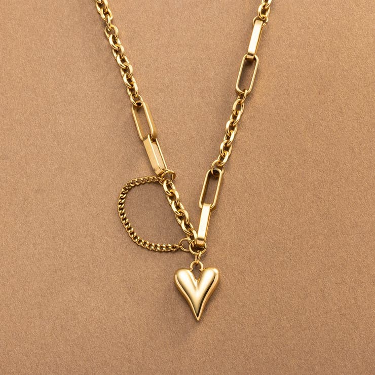 【10％OFFクーポン！1/16(金)1:59まで】CREAM-DOT ステンレス製 ネックレス 金属アレルギー つけっぱなし サージカルステンレス レディース ショート ミックスチェーン ハート ぷっくり メタル 艶 2連 ごつめ ゴールド シルバー