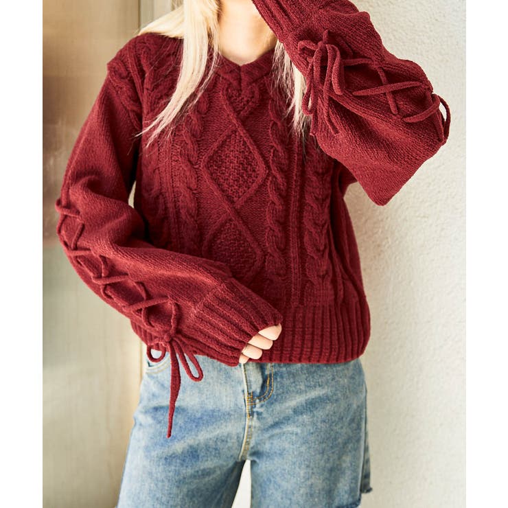 さゆ　グレー リブ編み レースアップ セーター ミージェーン me Jane レースアップリブニットトップス （グレー