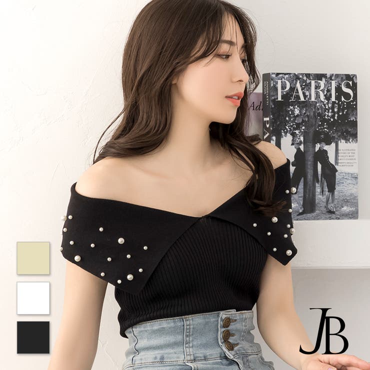 JULIA BOUTIQUE パール付きデコルテオープンノースリーブニットトップス [24094 半袖 ショート オフショルダー レディース トップス ブラック 黒 ホワイト 白 イエロー ] トップス