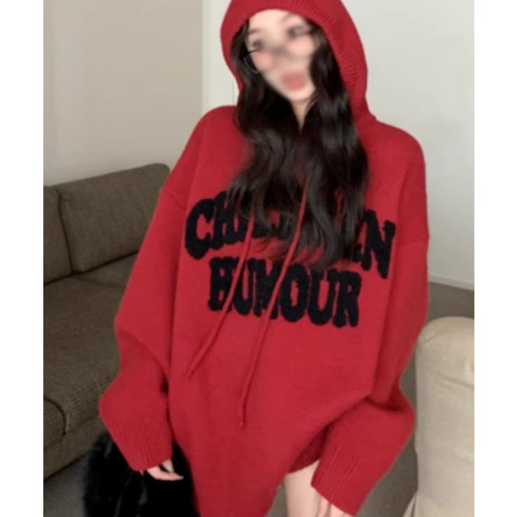 VIVID LADY モコモコ英字ロゴ オーバーサイズニットフーディー トップス