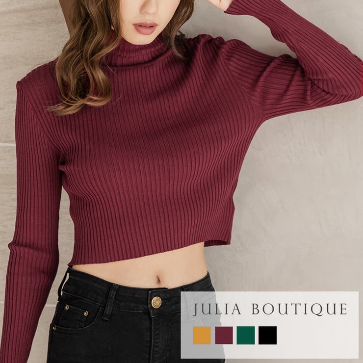 Turtleneck - JULIA BOUTIQUE タートルネックショート丈リブニットトップス [22545 レディース 長袖 プルオーバー タイト 無地] トップス