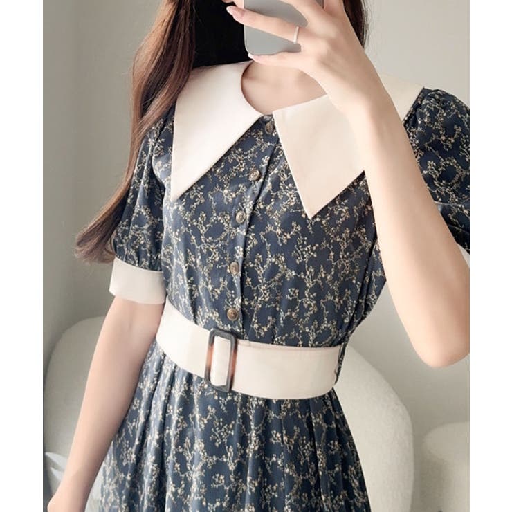 【10％OFFクーポン！11/27(木)1:59まで】Classical Elf 【mily bilet】トレンドのレトロガーリー♪小花柄ベルト付きビッグカラーワンピース(ロング丈) ワンピース・ドレス