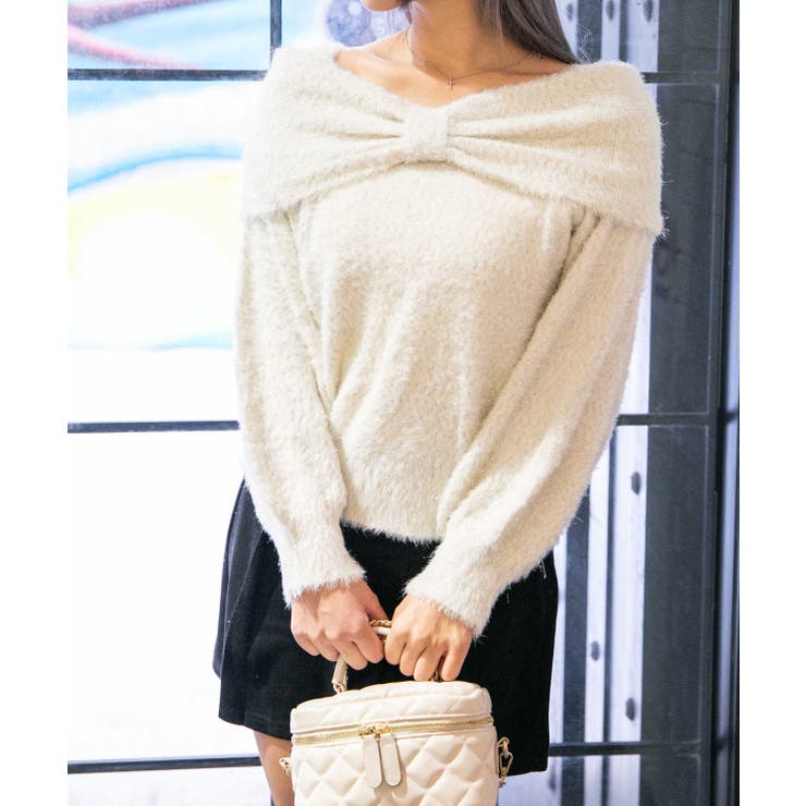 GORGE 《ふわシャギー×ラメ混》ワイドネックリボンニットトップス　冬◎ トップス