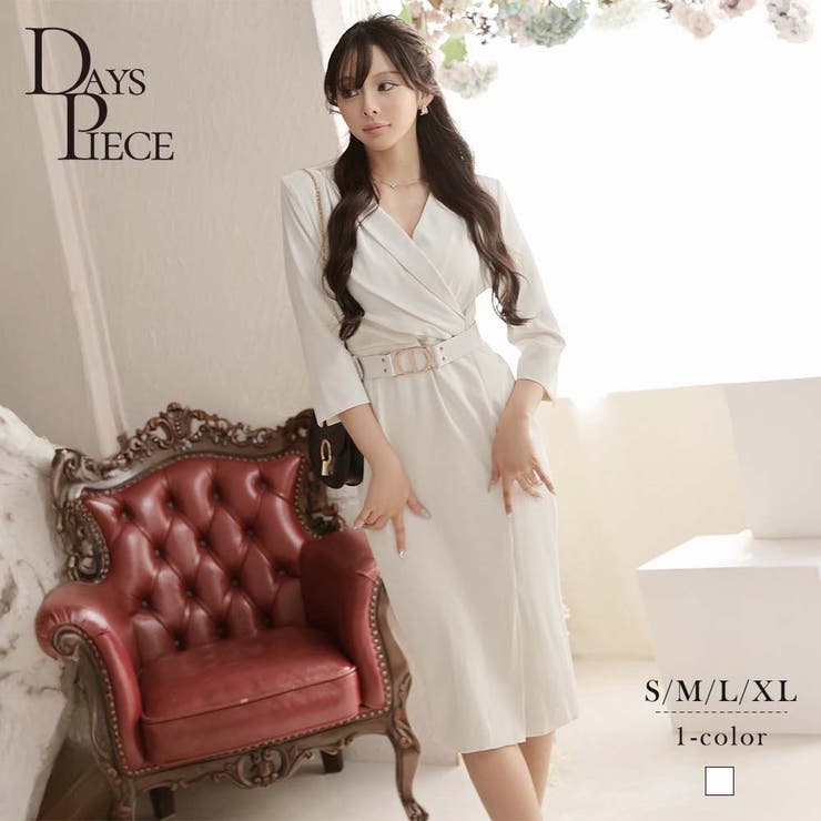 Ryuyu ワンピース キャバドレス ワンピース タイト カシュクール ラップ ベルト付き 七分袖 キャバ ラウンジ 高見え スリット DaysPiece ワンピース・ドレス