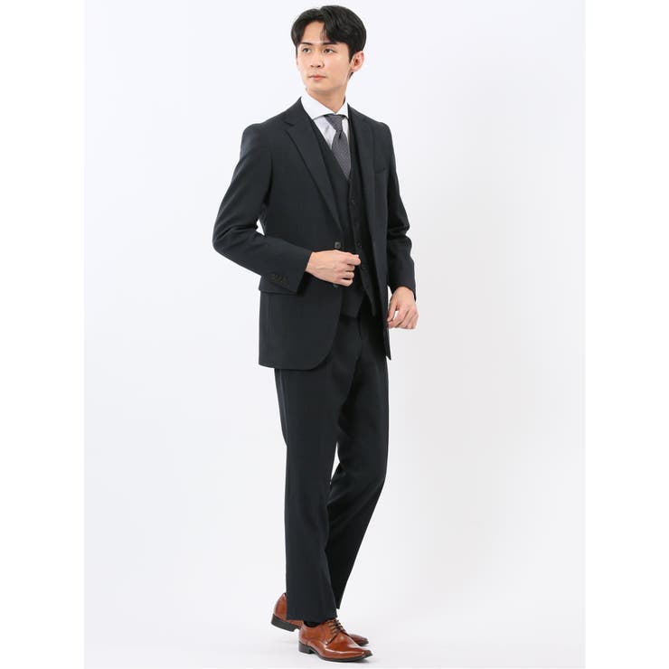TAKA-Q MEN ウール調 ストレッチウォッシャブル スリムフィット 2ボタン3ピーススーツ チェック紺 スーツ