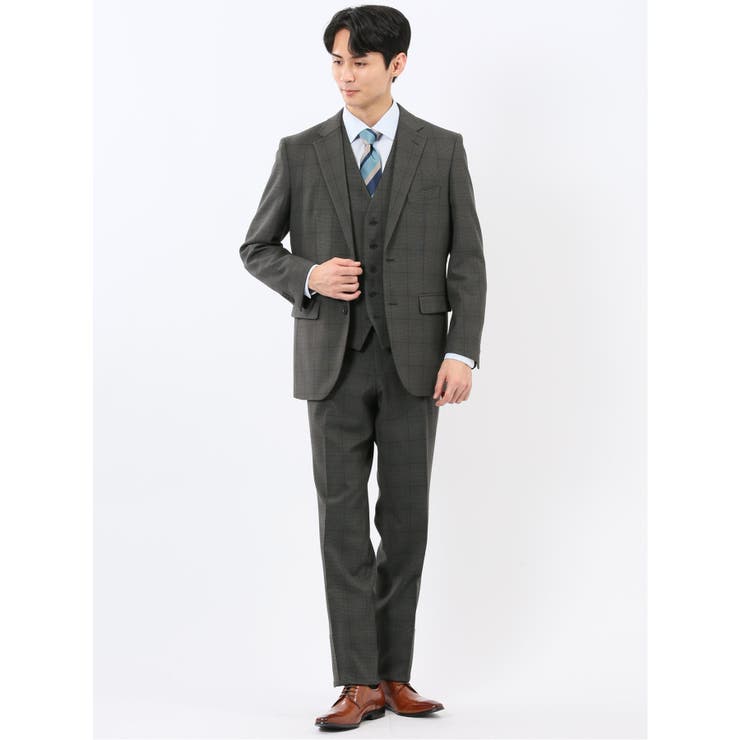 TAKA-Q MEN ウール調 ストレッチウォッシャブル レギュラーフィット 2ボタン3ピーススーツ チェックグレー スーツ