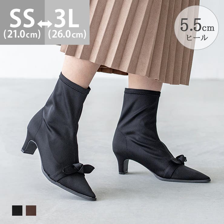 welleg ショートブーツ レディース 変形ヒール ミドルヒール ストレッチ やわらかい 痛くない 歩きやすい ポインテッドトゥ ストレッチブーツ リボン サテン 防寒 普段使い きれいめ おしゃれ 21cm 26cm シューズ・靴