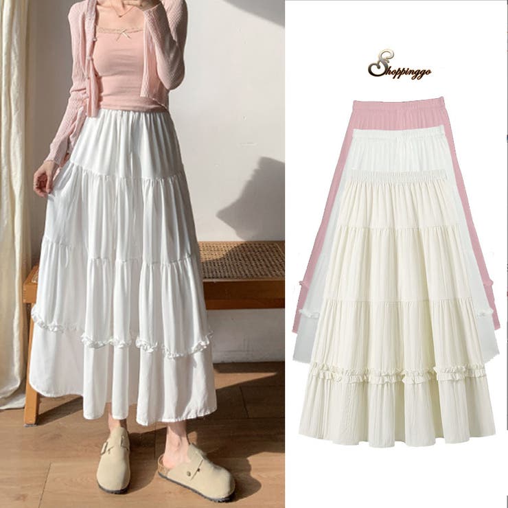 【10％OFFクーポン！11/27(木)1:59まで】shoppinggo 【NANA&NANAコラボ】スカート レディース かわいい Aライン マキシ丈 フレアスカート ロング ひざ下 フリル ハイウェスト ボトムス 着痩せ 通勤 スカート