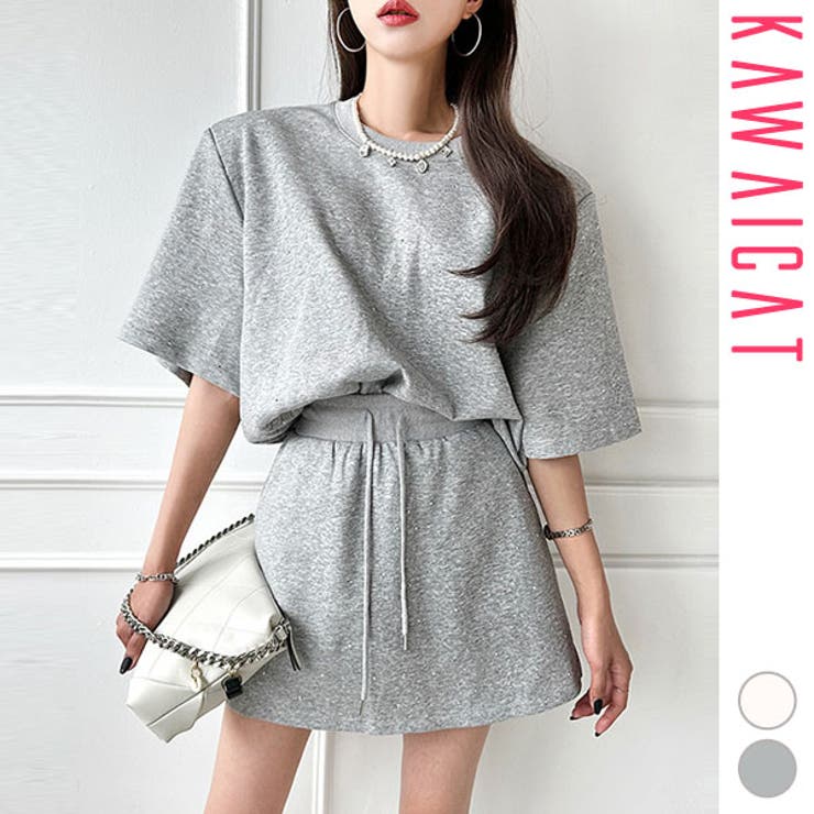 【10％OFFクーポン！11/27(木)1:59まで】KawaiCat レディース 半袖 五分袖 トレーナー Tシャツ ミニ ショート丈 スカート ルームウェア コットン 綿 カジュアル ジャージー スウェット 大きいサイズ ゆったり 上下セット 2点セ