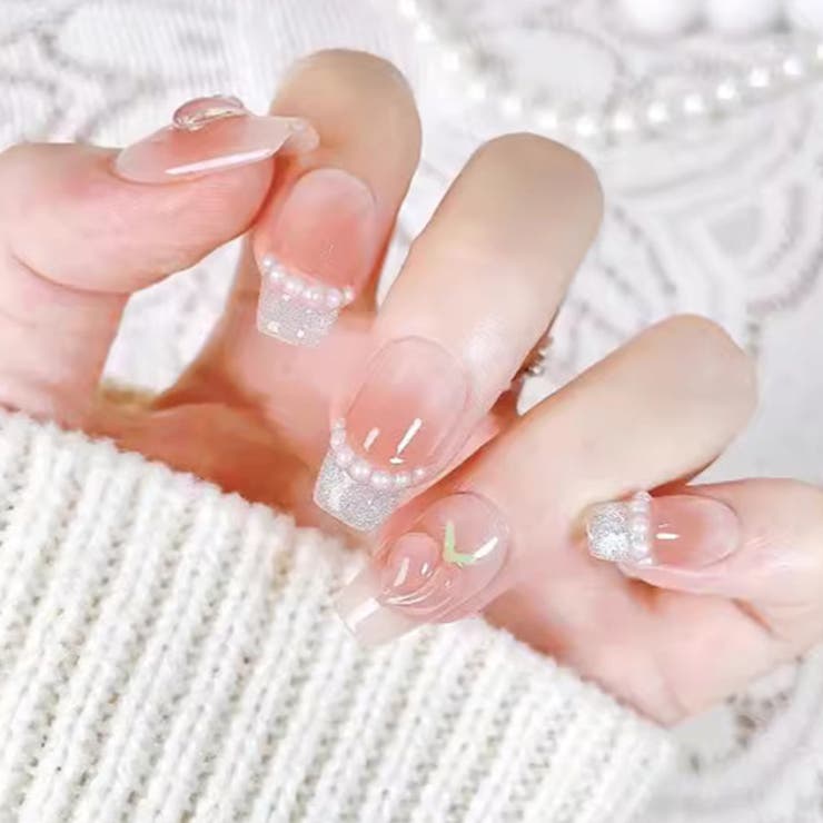 レースレディース 3D パール フレンチ スクエア ネイルチップ 女性 レディース 爪 ネイル シール つけ..