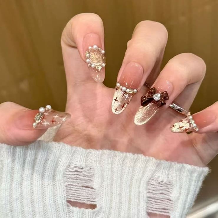 レースレディース 3D リボン クラシカル アート フレンチ ネイルチップ 女性 レディース 爪 ネイル シール つけ爪 シアー クリア 血色 キラキラ パール ビジュー 立体 ラウンド オーバル ジェルネイル きれいめ オンコーデ デート グラデーシ