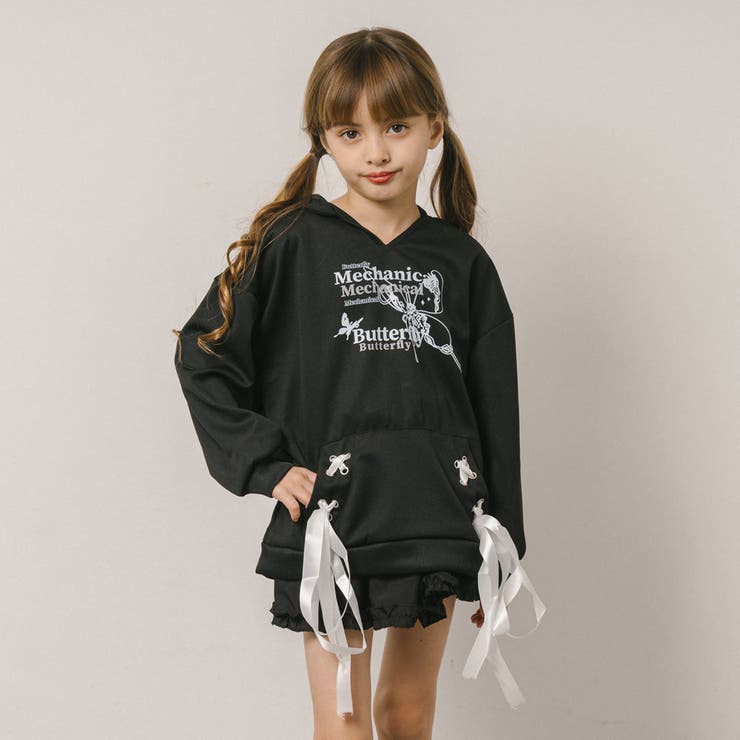URBAN CHERRY バタフライロゴプリントレースアップフーディ トップス