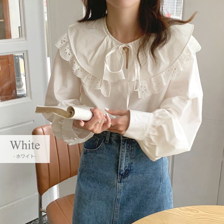teddyshop ブラウス トップス 韓国ファッション レディース 秋服 秋 春 おしゃれ かわいい ゆったり シャツ 長袖 きれいめ 大人可愛い 透け感 ティアード フリル レース 襟 ビッグカラー リボン クルーネック キーネック パフスリーブ ボ shoplistselect-10071522 SHOPLIST サンプル画像3
