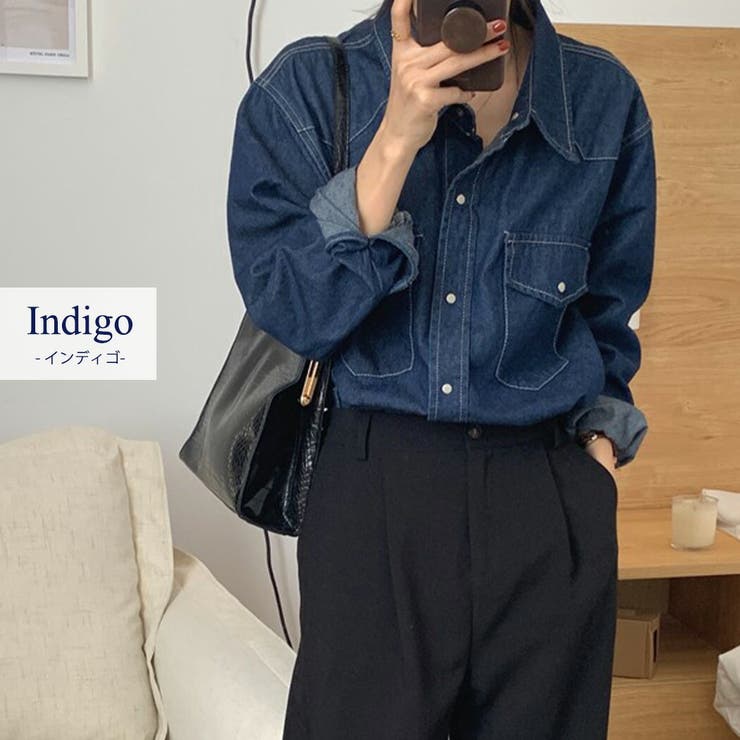 teddyshop デニム シャツ 韓国ファッション レディース 秋服 秋 春 おしゃれ 定番 ベーシック ゆったり 胸 ポケット ハンサム フロント ボタン 前開き スナップボタン 袖口 ボタン 着回し お出掛け カジュアル トップス shoplistselect-10071520 SHOPLIST サンプル画像3