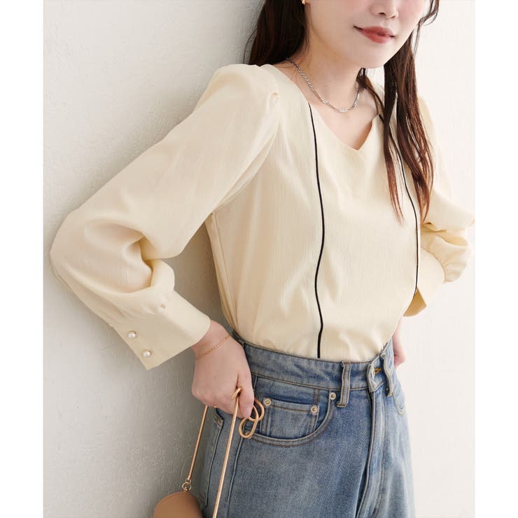 NICE CLAUP / OLIVE des OLIVE　OUTLET 【natural couture】ハートネックパイピング配色ブラウス トップス