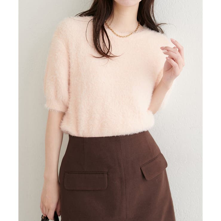 NICE CLAUP / OLIVE des OLIVE　OUTLET 【natural couture】フェザーヤーン半袖ニットプルオーバー トップス