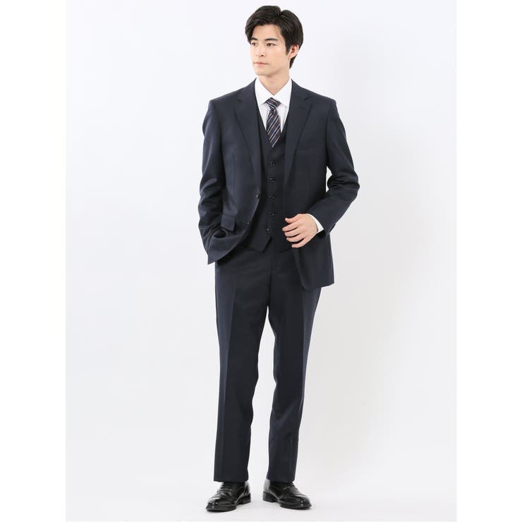 TAKA-Q MEN 光沢ウール混 レギュラーフィット 2ボタン3ピーススーツ ツイル紺 スーツ