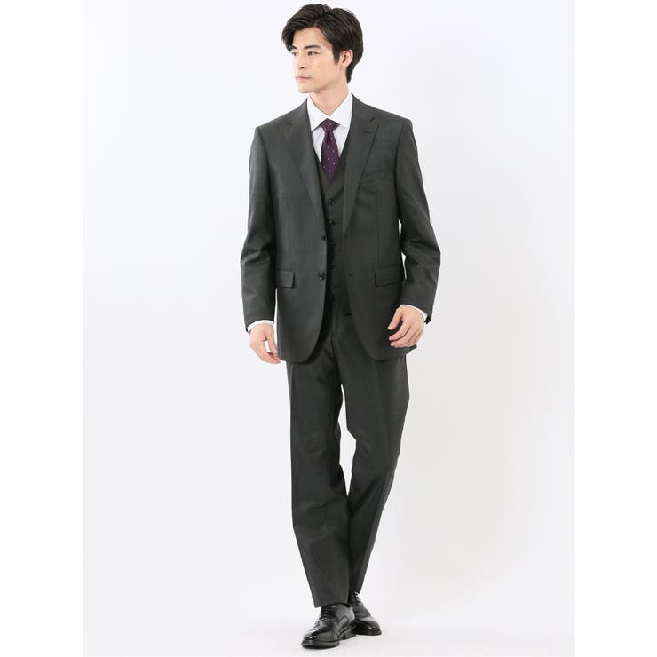 TAKA-Q MEN 光沢ウール混 レギュラーフィット 2ボタン3ピーススーツ メランジグレー スーツ