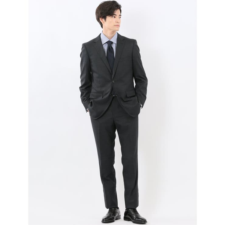 TAKA-Q MEN ウール調 ストレッチウォッシャブル スリムフィット 2ボタン2ピーススーツ メランジ黒 スーツ