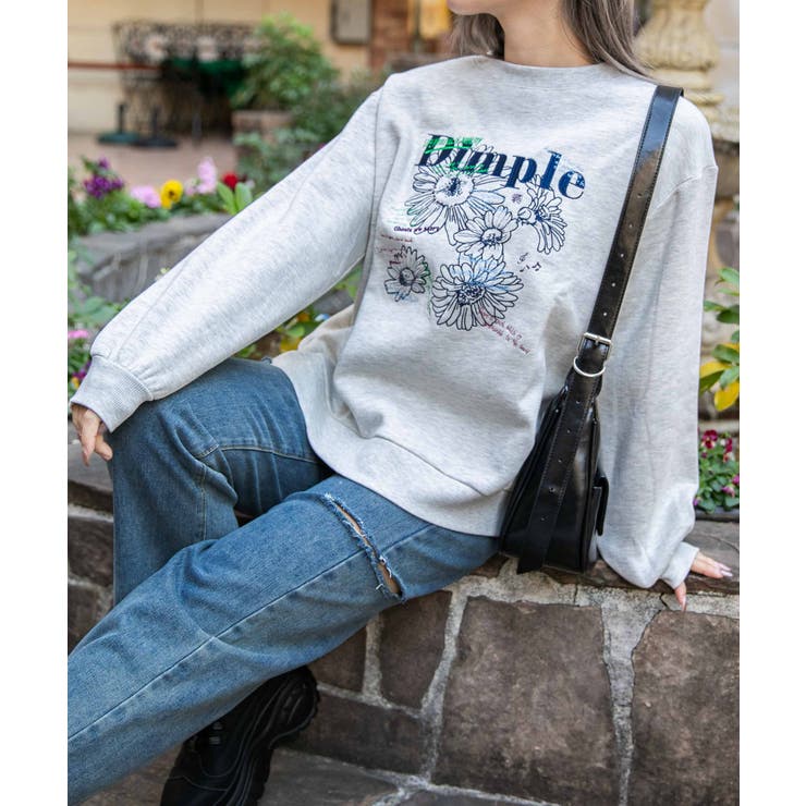 GORGE 《花柄ラインアート×刺繍ロゴ》裏起毛スウェットトレーナー 冬◎ トップス