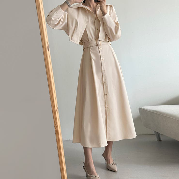 Doux Belle ショート丈ジャケット&ウエストベルト前開シャツワンピース アウター(コート・ジャケットなど)