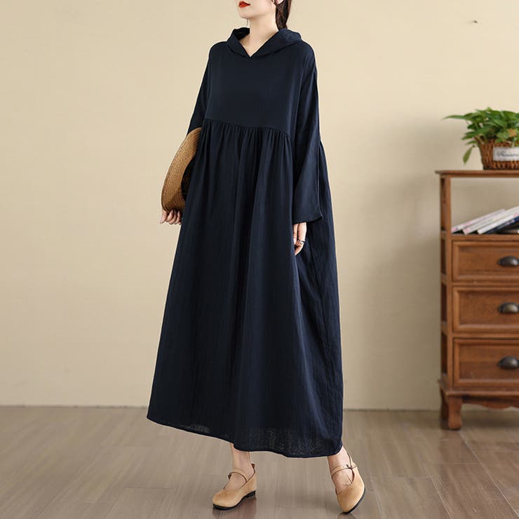 Doux Belle フード付きギャザー入りマキシワンピース ワンピース・ドレス