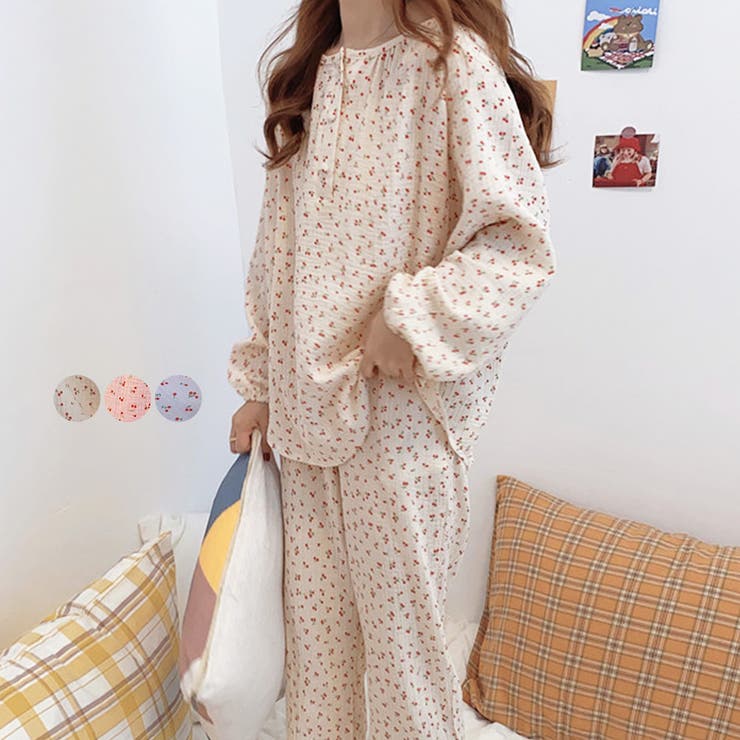 teddyshop 長袖 ルームウェア セットアップ 薄手 総柄 チェリー 透け感 ボートネック ウエストゴム コットン ポケット パンツ トップス 2点セット レディース 全3色 韓国ファッション パジャマ 部屋着 ゆったり リラックス 春 大人 ガー
