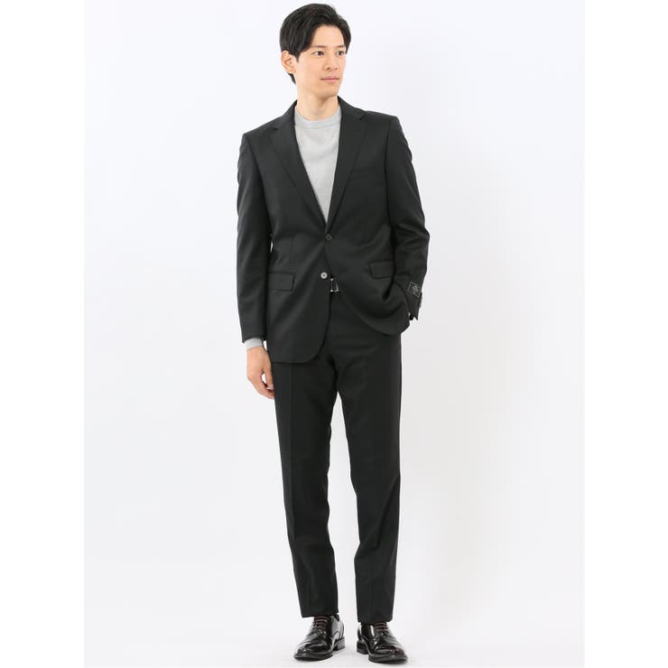TAKA-Q MEN ウール混ストレッチ スリムフィット 2ボタン2ピーススーツ 無地黒 スーツ