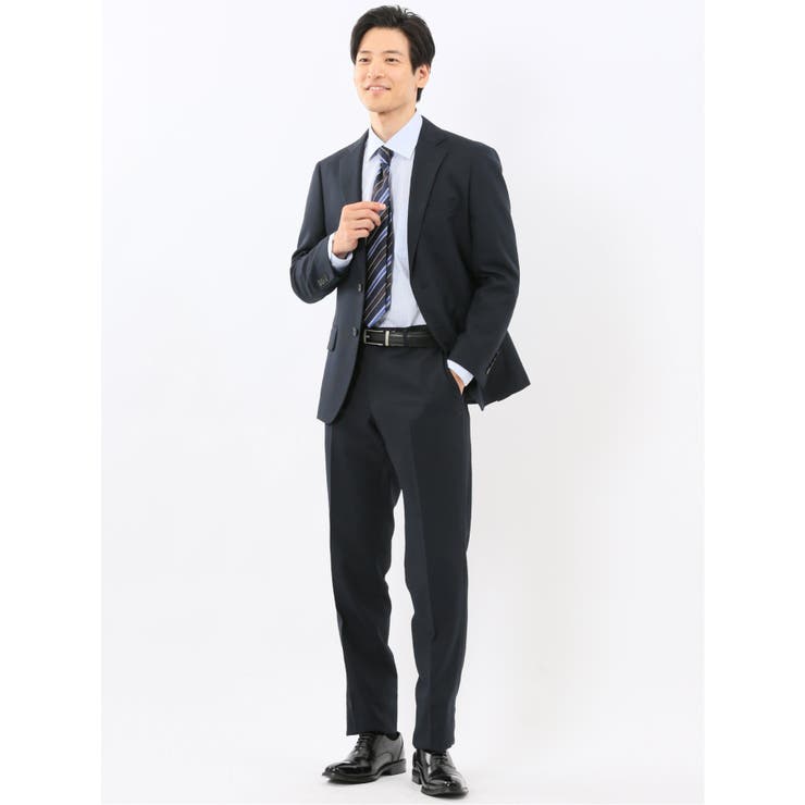 TAKA-Q MEN ウール混ストレッチ レギュラーフィット 2ボタン2ピーススーツ 無地紺 スーツ