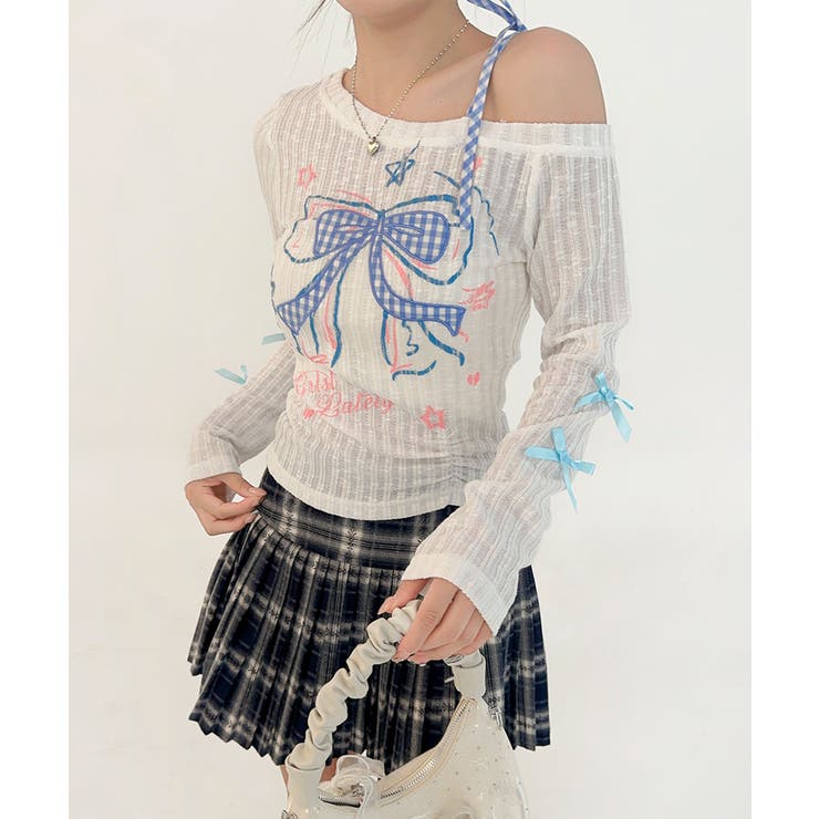 HOOK HOOK for girls リボン刺繍×レースアップ オフショル ロングスリーブトップス トップス