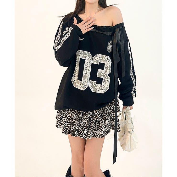 HOOK HOOK for girls リボンレースアップ カレッジナンバリング スウェット トップス