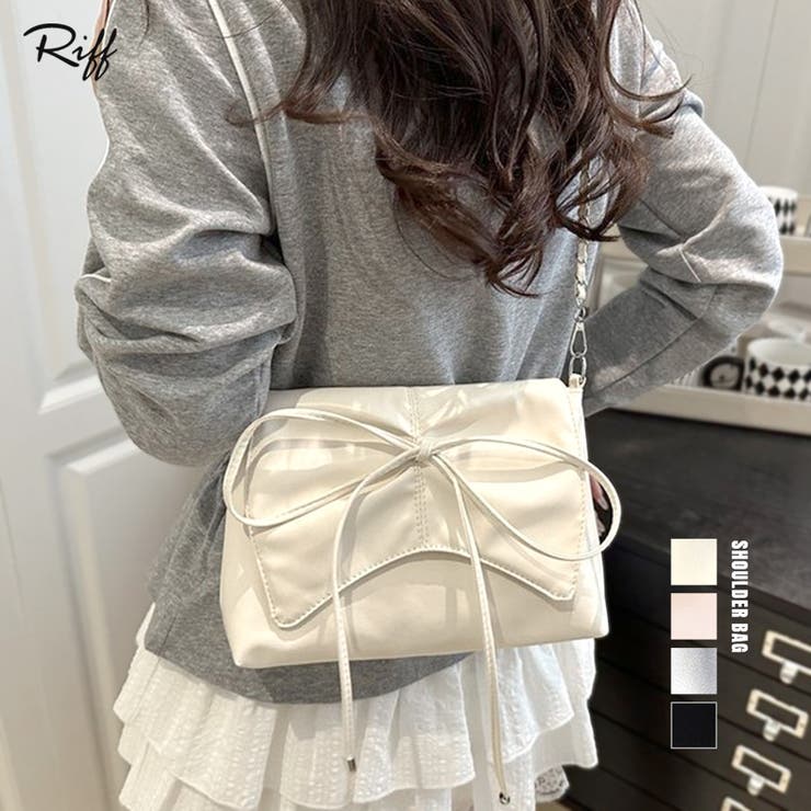 【10％OFFクーポン！1/16(金)1:59まで】Riff フロントリボンショルダーバッグ チェーンバッグ クラッチバッグ ハンドバッグ フェイクレザー 鞄 かばん 無地 アイボリー ピンク シルバー ブラック フリーサイズ 春 春服 夏 夏服 秋 秋