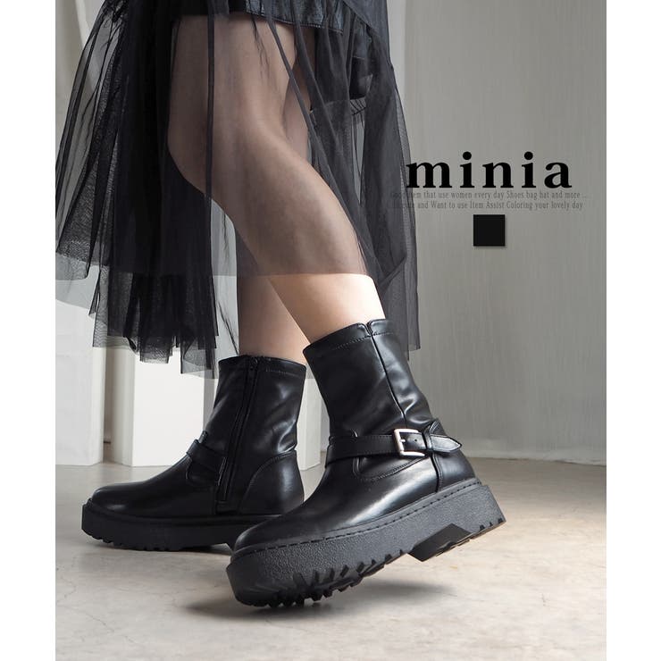 minia 厚底エンジニアブーツ 4cm厚底 minia ◇ ブーツ ショートブーツ レディース 厚底 エンジニアブーツ 厚底ブーツ 22.0cm～24.5cm ブラック 黒 minia ミニア シューズ・靴