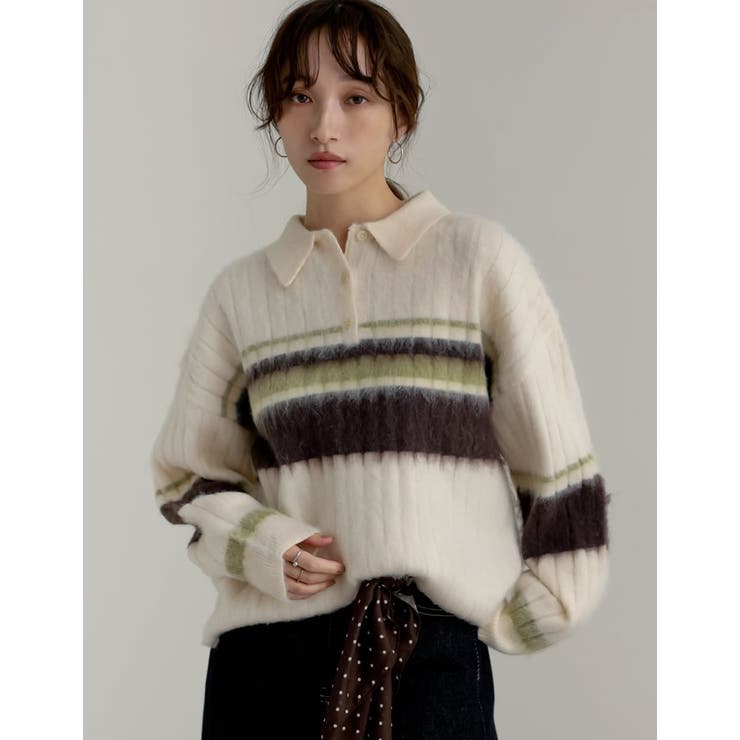 Re:EDIT ボーダー配色アルパカタッチポロカラーニットトップス トップス shoplistselect-10441879 SHOPLIST サンプル画像2