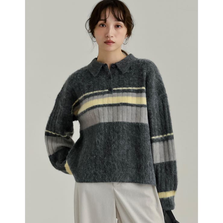 Re:EDIT ボーダー配色アルパカタッチポロカラーニットトップス トップス shoplistselect-10441879 SHOPLIST サンプル画像3