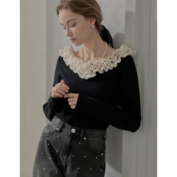 【10％OFFクーポン！9/11(金)1:59まで】Re:EDIT [2025-26 WINTER COLLECTION][MEISM by Re:EDIT]フリルVネックニットトップス トップス shoplistselect-10441881 SHOPLIST サンプル画像2