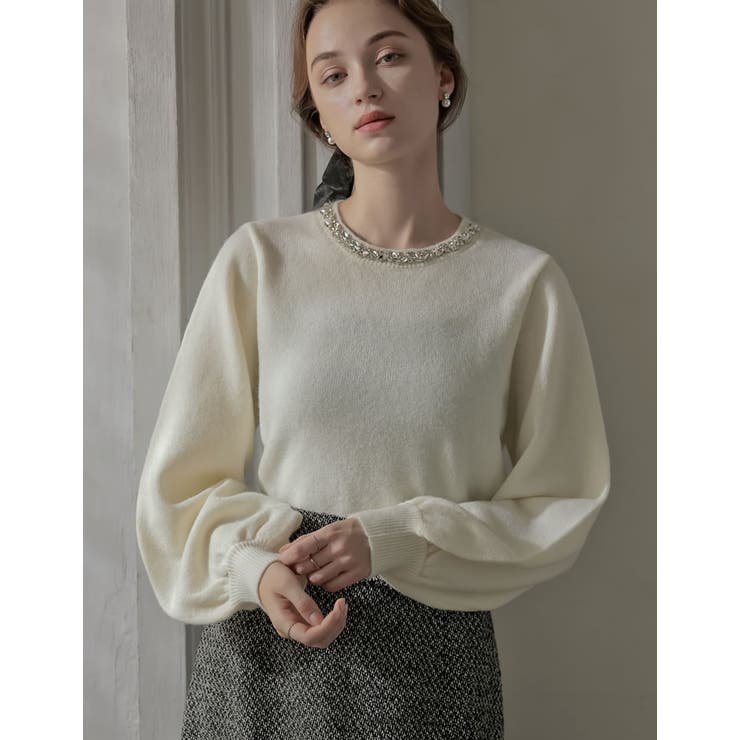 Re:EDIT [2025-26 WINTER COLLECTION][MEISM by Re:EDIT]ビジュークルーネックパフスリーブニットプルオーバー トップス shoplistselect-10441883 SHOPLIST サンプル画像3