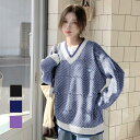 【8/11まで5%OFFクーポン】JOCOSA ニットトップス Vネック オーバーサイズ チェック ストライプ 長袖 刺繍 ワンポイント ニット トップス 韓国ファッション 秋 冬 冬服 可愛い カジュアル レディース 春 新作 ブラック 黒 ブルー 青