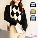 【8/11まで5%OFFクーポン】JOCOSA ニット ダイヤ柄 トップス パフスリーブ 長袖 韓国ファッション 秋 冬 韓国 秋服 大人 シンプル カジュアル オフィスカジュアル レディース 春 新作 ブラック 黒 ベージュ ブラウン 茶 フリーサイズ