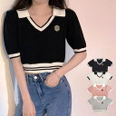 【8/11まで5%OFFクーポン】JOCOSA サマーニット 半袖 ショート丈トップス 夏 ポロニット 襟付き トップス ニット カジュアル レトロ かわいい 韓国ファッション 大人 レディース 春 秋 ブラック ホワイト ピンク グレー フリーサイズ