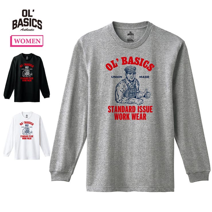 printrium Ol' Basics（オール・ベーシックス） 長袖Tシャツ ロゴ イラスト ワーク プリント 袖リブ ロンT ロングTシャツ トップス カットソー レディース トップス