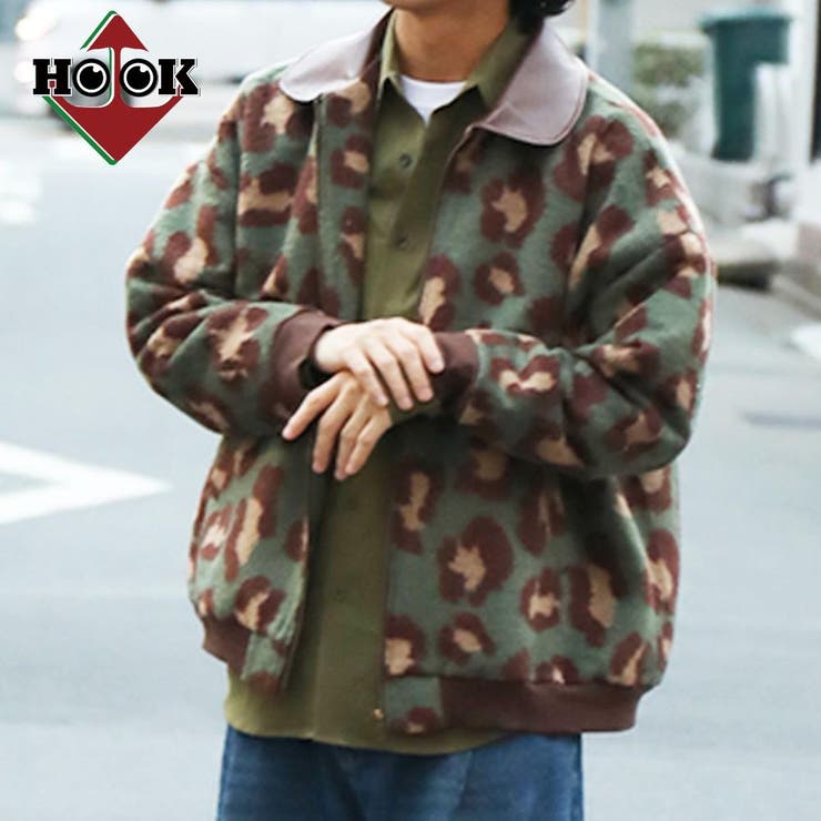 【10％OFFクーポン！2/10(火)1:59まで】HOOK HOOK -original- レトロ古着風 PU襟レオパード調メルトン風ジャケット アウター(コート・ジャケットなど)
