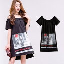 JOCOSA ワンピース ミニワンピース tシャツ レディース 半袖 ショート丈 ミニ オフショルダー 肩開き 肩出し フォトプリント ロゴ 英字 スリット 写...