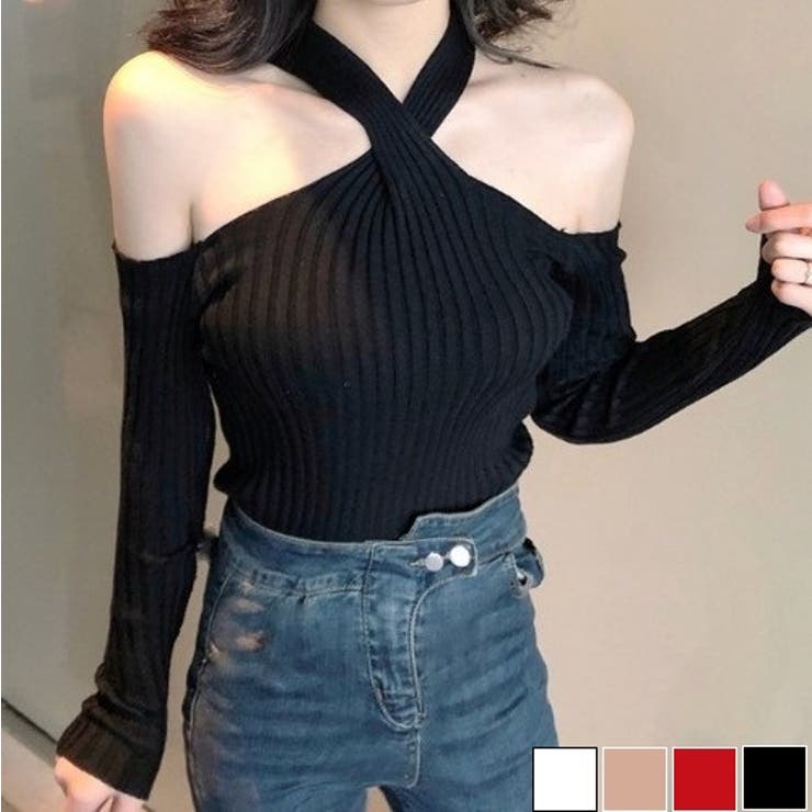 aimoha Jasmine Grandiflorum 新作【Jasmine】ネッククロスオフショルセクシーニットトップス 韓国ファッション ワンピース ハイウエスト オフィスカジュアル セクシー スカート 春服 ショート丈トップス 量産型 長袖 秋服