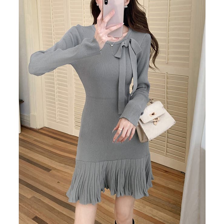 SUNSHINE CLOSET プリーツ裾 長袖リブニットワンピース上品 ワンピース・ドレス