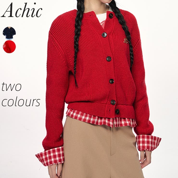 Achic チェック柄裾ニットカーディガン トップス