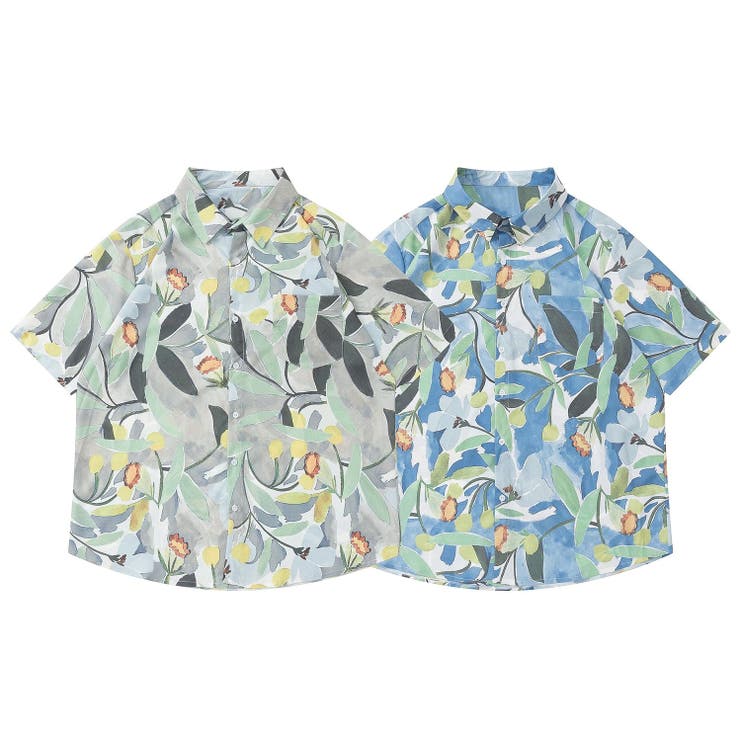 HOOK HOOK- 個性派 古着風総柄ビッグオーバーシャツ リーフ柄 韓国ファッション ストリート系 春服 オラオラ系 オーバーサイズ ビッグシルエット スト...